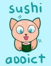 Kawaii cartoon cat love to eat sushi, food delivery, tasty food, adorable smile cheerful pet