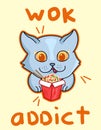 Kawaii cartoon cat love to eat wok, food delivery, tasty food, adorable smile cheerful pet