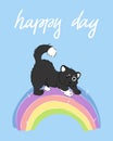 Kawaii cartoon cat on rainbow on sky blue background, cute furry animal card with handwritten slogan, editable vector illustration