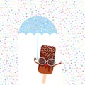 Kawaii cartoon chocolate ice cream with sunglasses and eyes, ice lolly holding an blue umbrella, pastel colors on white sprinkles