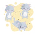 Kawaii cartoon cute gray cats expressions set