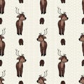 Kawaii cartoon deer with hoof print seamless pattern. Cute doe animal flat color background. Childish hand drawn doodle Royalty Free Stock Photo