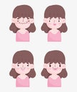 Kawaii cartoon faces cute brunette little girl expressions