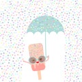 Kawaii cartoon pink ice cream with sunglasses and eyes, ice lolly holding an blue umbrella, pastel colors on white sprinkles rain