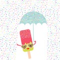Kawaii cartoon pink ice cream with sunglasses and eyes, ice lolly holding an blue umbrella, pastel colors on white sprinkles rain