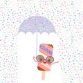 Kawaii cartoon pink ice cream with sunglasses and eyes, ice lolly holding an violeton umbrella, pastel colors on white sprinkles