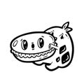 Kawaii cartoon style doodle character eating burger. Emoticon face icon. Hand drawn black ink illustration isolated on white