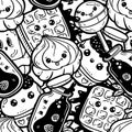 Kawaii cartoon style doodle characters, funny seamless pattern. Emoticon face icon. Hand drawn black ink illustration isolated on