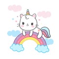 Kawaii Cat cartoon in unicorn vector on rainbow cute animal pastel color Royalty Free Stock Photo