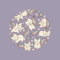 Kawaii cat round shape background with funny cat unicorn vector template Royalty Free Stock Photo