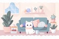 Kawaii cat sitting in the livingroom. 2d illustration. Soft pastel colors image