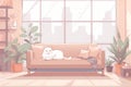 Kawaii cat sitting in the livingroom. 2d illustration. Soft pastel colors image