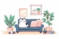 Kawaii cat sitting in the livingroom. 2d illustration. Soft pastel colors image