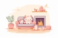 Kawaii cat sitting in the livingroom. 2d illustration. Soft pastel colors image