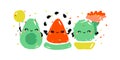 Kawaii characters of avocado, watermelon and cactus celebrating joyful holiday. Happy fruits with cute gifts. Vector illustration