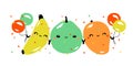 Kawaii characters of banana, guava and mango celebrating joyful holiday. Cute fruits with multicolored balloons