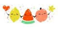 Kawaii characters of lemon, watermelon and peach celebrating joyful holiday. Cute fruits with multicolored balloons