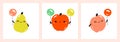 Kawaii characters of pear, apple and peach. Cute happy fruits with multicolored balloons. Vector illustration for greeting card