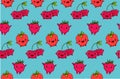 Kawaii Cherry, strawberry, raspberry seamless pattern fun cartoon vector illustration, cute summer berry smiling for