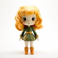 Kawaii Chic Orange Toy Doll In Green Dress - Detailed Character Design