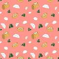 Kawaii Chinese dumpling seamless pattern on pink colored background. Cartoon hand drawn background. boiled dumplings,sticky rice d
