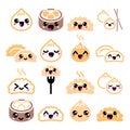 Kawaii Chinese dumplings, cute Asian food Dim Sum vector icons set