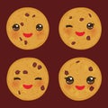 Kawaii Chocolate chip cookie set Freshly baked isolated on brown background. Cute face with pink cheeks and eyes. Bright colors. V Royalty Free Stock Photo