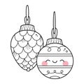 Kawaii Christmas decorations coloring page for kids. Cartoon vector illustration