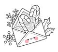 Kawaii Christmas envelope with sweets coloring page for kids. Cartoon vector illustration