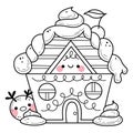 Kawaii christmas gingerbread house coloring page for kids. Cartoon vector illustration