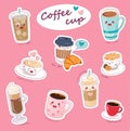 Kawaii Coffee Cups with Different Hot Drinks.