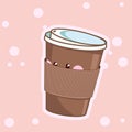 Kawaii coffee. Cute cafe drinks. Vector coffee cups with happy face.