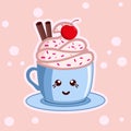 Kawaii coffee with icecream. Cute cafe drinks. Vector coffee cups with happy face.