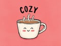 Kawaii Coffee Mug with Smiley Face and \'Cozy\' Illustration Royalty Free Stock Photo