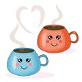 Vector cute kawaii illustration with blue and orange coffee cups/