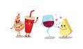 Kawaii Coke and Wine Glass Holding Hands with Pizza and Cheese Vector Set