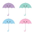 Kawaii Colored umbrellas. Vector illustration, flat cartoon style. Cute parasol