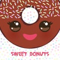 Kawaii colorful donut with pink cheeks and winking eyes, Sweet brown donut with brown icing and sprinkls isolated, banner design,