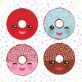 Kawaii colorful donut with pink cheeks and winking eyes, Sweet donuts set with icing and sprinkls isolated, banner design, card te