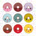 Kawaii colorful donut with pink cheeks and winking eyes, Sweet donuts set with icing and sprinkls isolated, banner design, card te