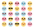 Kawaii colorful emoticons vector set. Smileys chibi emoticon cute characters with expressions of happy, smiling, friendly.