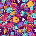 Kawaii colorful food seamless pattern. Cartoon style doodle sweety character. Emotional face icon candy shop. Hand drawn illustrat