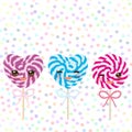 Kawaii colorful Set candy lollipops with bow, spiral candy cane. Candy on stick with twisted design with pink cheeks and winking