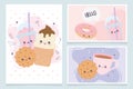 Kawaii cookie donut coffee cup fast food cartoon cards