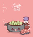 Kawaii cooking pot peas meat and sake food japanese cartoon, sushi and rolls Royalty Free Stock Photo