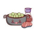 Kawaii cooking pot peas meat and sake food japanese cartoon, sushi and rolls Royalty Free Stock Photo