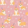 Kawaii corgi unicorn with colourful rainbow horn, little magic pet dog with cute smiling face