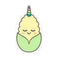 Kawaii corn pun. Unicorn uni-corn smiling. Cute maize smiling with rainbow horn. Royalty Free Stock Photo