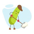 Kawaii cucumber character. Funny winter mascot clears snow with a shovel. Happy vegetable on winter vacation. Yard care. Cute