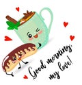 Kawaii cups.characters with chocolate and marshmallows. Greeting card. Good morning